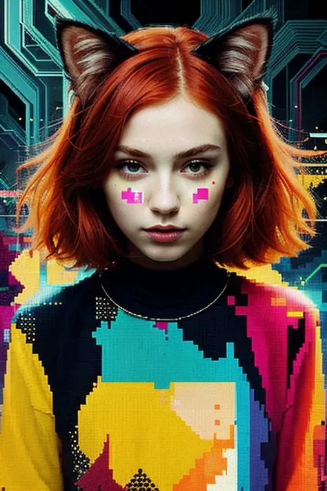 (masterpiece, top quality, best quality, official art, beautiful and aesthetic:1.2), 1girl, red hair, cat ears, (glitch art), (digital distortion), pixelated fragments, data corruption,colorful noise, visual chaos,contemporary aesthetics