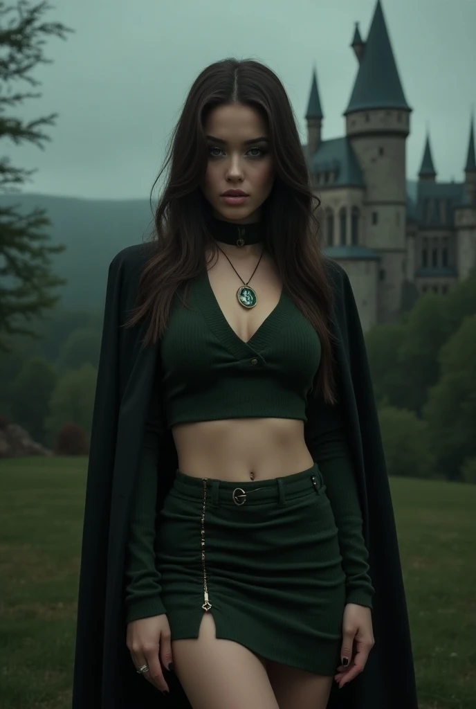 A pretty girl ,  blue eyes  , white skin tone , long straight dark brown hair  ,  small waist  ,  big ass ,  big breasts shirt ,  heavy makeup slanted eyes  , cat eyeliner  , defined contour  , pretty ,  dressed in slytherin uniform ( Harry Potter ) sexy ,...