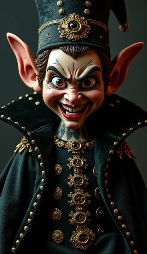 "Create a hyper-realistic full-body image of a leprechaun doll, dressed as a dark Spanish king, exuding an air of malevolence. The dolls smile is wide and menacing, with eyes that shine unnervingly. His attire is an opulent, dark kings robe, adorned with s...