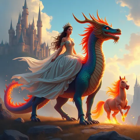 A princess is sitting on a beautiful dragon and in the background is a magnificent castle and a fire horse. (masterpiece, detailed details,bright colors, highest image quality, beautiful,just.