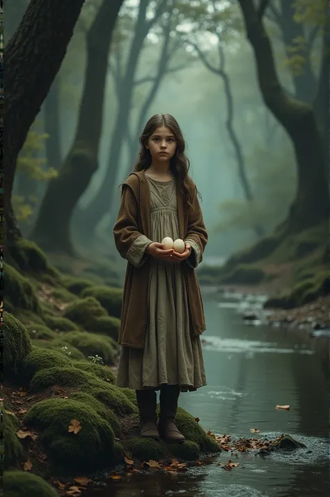 A girl in clothes next to the river with a coat and 3 eggs in a dark forest 