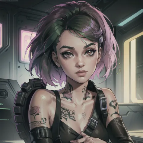 (masterpiece:1.2),(best quality:1.2),(high resolution:1.2)
 cyberjudy, 1girl, solo, brown eyes, asymmetrical hair, green hair, p...