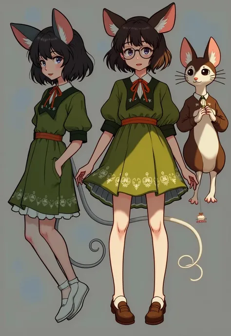  An anime-style girl with fair skin and slim build ,  short white hair with bangs and white mouse ears, Mouse tail ,  large glasses and light shy smile  