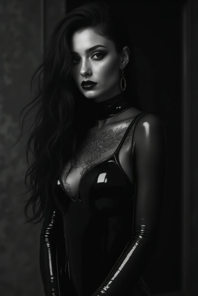 a woman in bright and shiny transparent latex catsuit, minimal style, charcoal drawing, tattoos, beautiful detailed eyes, beautiful detailed lips, extremely detailed face, long eyelashes, dramatic lighting, high contrast, cinematic composition, dark moody ...