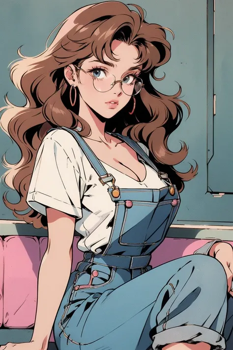 anime girl, 90s anime, vintage classic anime aesthetic, pink overalls, white shirt, short overalls, long curly brown hair, glasses, cleavage, dinamic poses, sitting