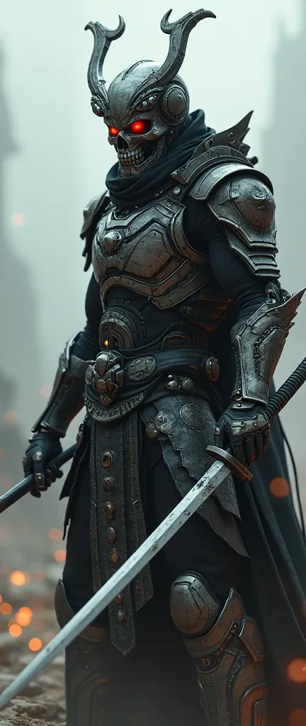 The future of 2050、 the warrior that combines samurai and terminator is in a fighting pose、Holding 2 swords 、 the face is a metal skull 、Eyes glow red、 the helmet and armor contain cyber elements 