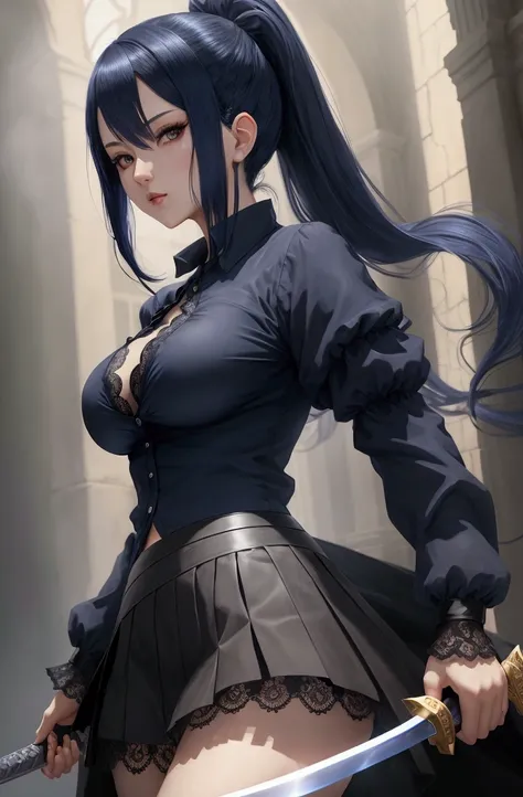 Anime adult woman, dark blue hair with poneytail, detailled grey eyes, open lace black shirt revealing breasts without underwear, black skirt, has a sword in hand, the sword slashes