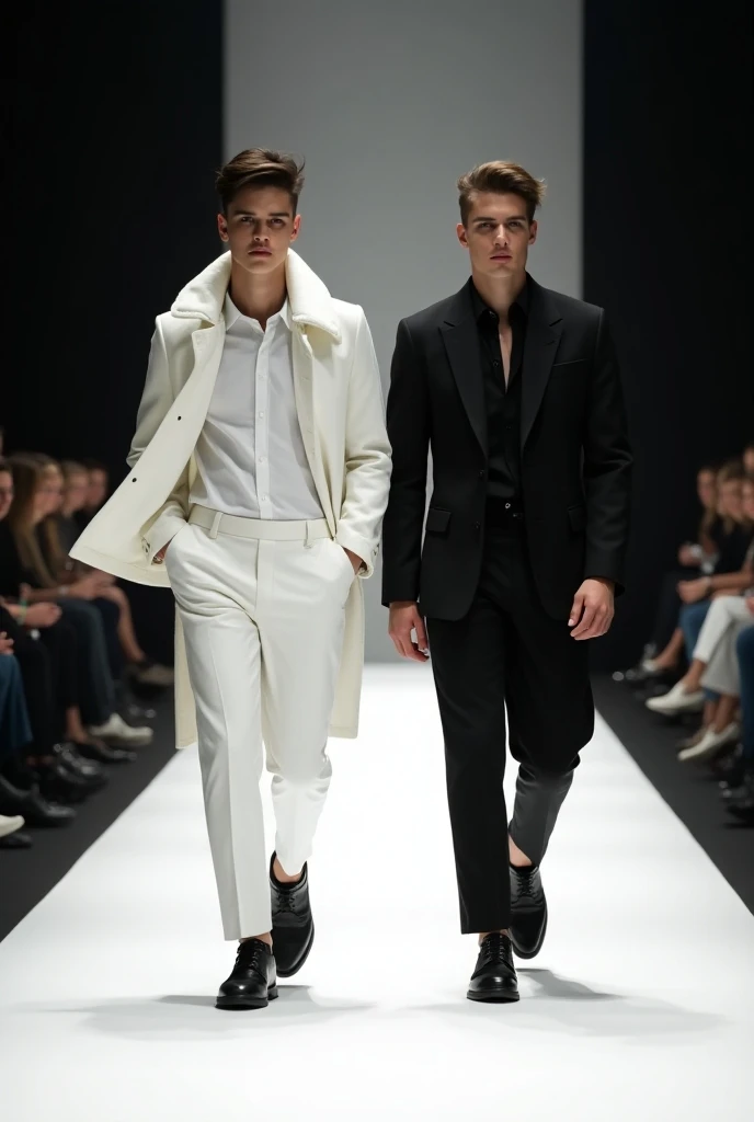 Man modeled on the Fashion World brand
Catwalk, most expensive and exclusive clothing: two boys on the runway, one dressed in white and the other in black 