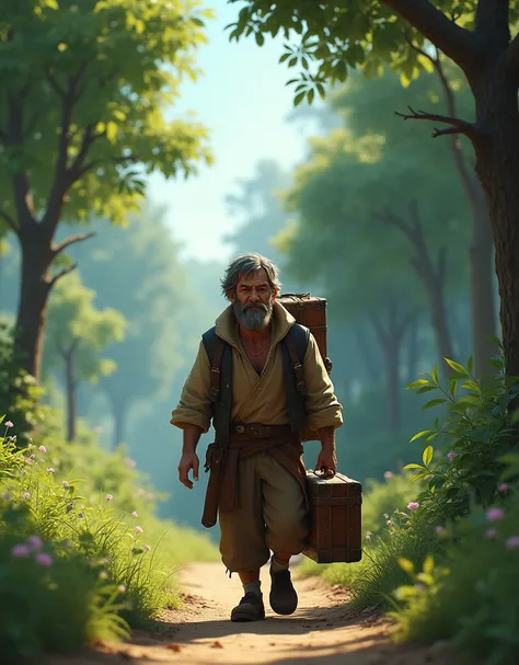 A weary traveller man walking around in a nature with his bag and his trunk, with exhaustion and thirst and hunger, the picture should be 3D animation.