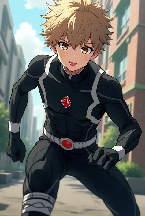  My Hero Academia style  , Anime Boy, male, young male ,    full body shot  ,( Satu Stance:1.3),  short hair,  light brown hair with visible tip of tongue,    Brown Eyes   ,  small red jewel in the center of the chest  ,  hero suit, Full Body Suit, black s...