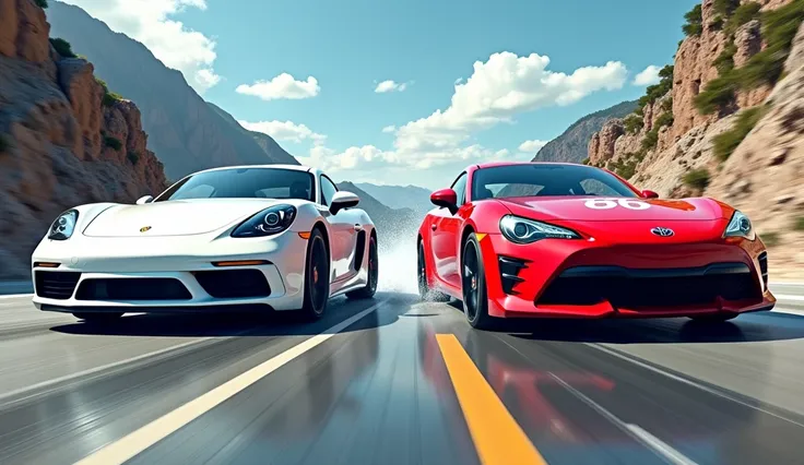 MF Ghost,A fierce battle between the white 982 type 718 Cayman and the bright red Toyota 86,86 bib number on the door of Toyota 86,Run through the corners of the mountain pass.Angle with a sense of speed,Manga style,Effect lines that express a sense of spe...