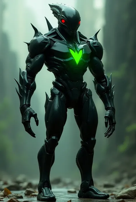  An alien Cyborg , Fine body , tall and muscular height ,  organic head , Red eyes and black skin  , the heart shows in the middle of the chest ,emitting the color strong green  .