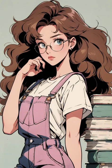 anime girl, 90s anime, vintage classic anime aesthetic, pink overalls, white shirt, short overalls, long curly brown hair, glasses, dynamic pose, holding a stack of books