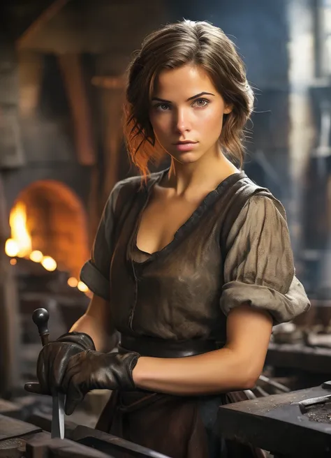 highly detailed analog photo of weaponsmith:1.2, realistic, depth of field, blurry background, 
1girl, short hair, black gloves, brown hair, closed eyes, fireplace, forge, gloves, holding tool, knife, lips, looking at viewer, skirt, solo, weaponsmith, work...