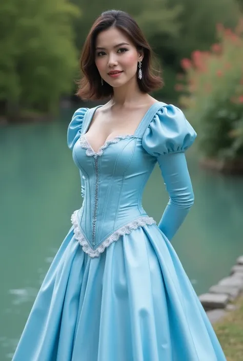  full body view , stunning European woman in light bleu necked shiny latex governess dress with long puffed sleeves and stand-up collar, corset, very tight corset , petticoat,  Crinoline, Hourglass figure, She is standing in front of a pond, petticaot ,
Ve...