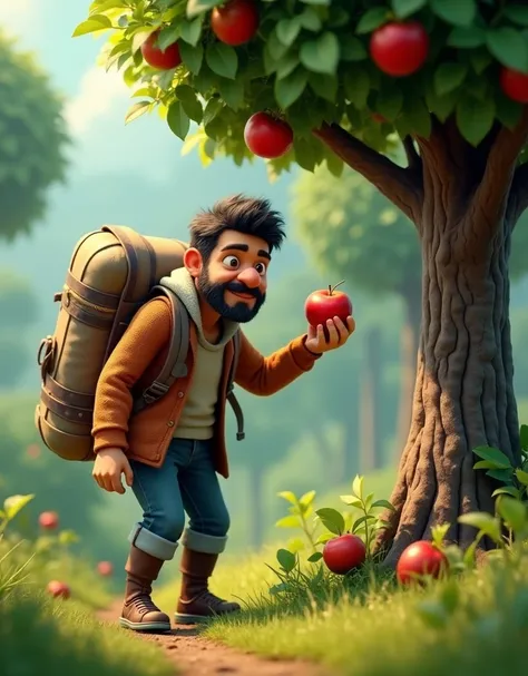 A weary traveller man walking around in a nature with his bag and his trunk, with exhaustion and thirst and hunger, the picture should be 3D animation.
This guy got to an apple tree and chewed some apples