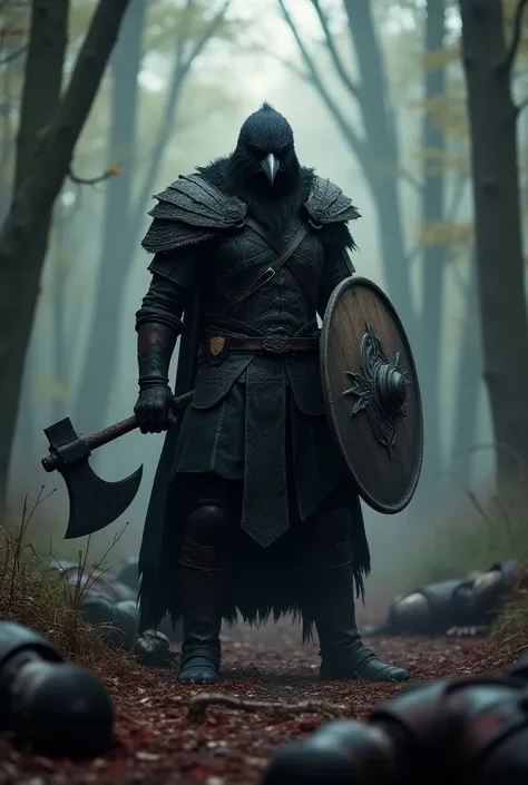 Raven Warrior , With black leather armor,  a Viking axe and a round wooden shield ,  in a forest full of fallen and defeated warriors. 