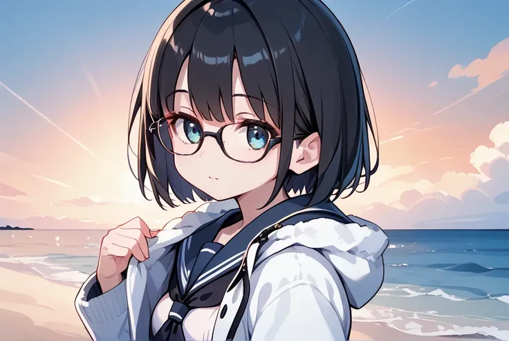  1 girl,Black Hair,Bob Hair,Glasses, the navy blue sailor suit , duffle coat ,sea,horizontal line, sunrise,Asahi,Winter Morning