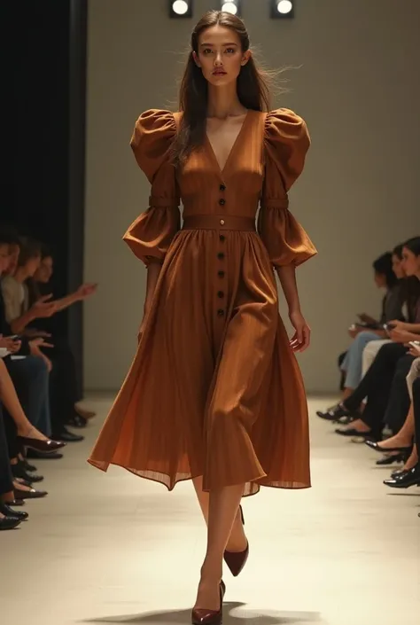 Imagine with me a model painted on paper that shines in this elegant brown dress, with its long puffy sleeves and elegant buttons on the front part. The ribbed fabric and the fine details add a classic touch to the design. .  The model can wear this dress ...