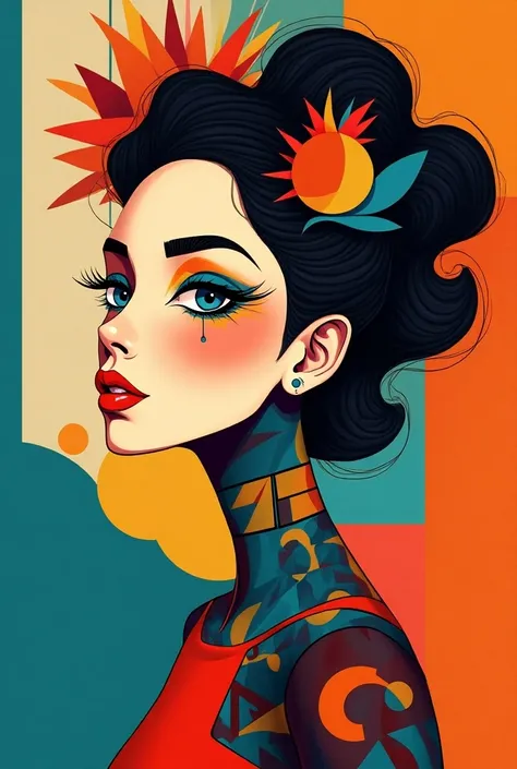 A very simple face design, very colorful woman profile surrounded by geometric shapes., des cheveux originaux et remplis de couleurs 