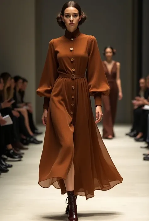 Imagine with me a model painted on paper that shines in this elegant brown dress, with its long puffy sleeves and elegant buttons on the front part. The ribbed fabric and the fine details add a classic touch to the design. .  The model can wear this dress ...