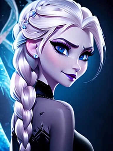 a dark and evil version of elsa, frozen ,  platinum hair , long braided  ,  big boobs and slender body wide hips and slim waist ...