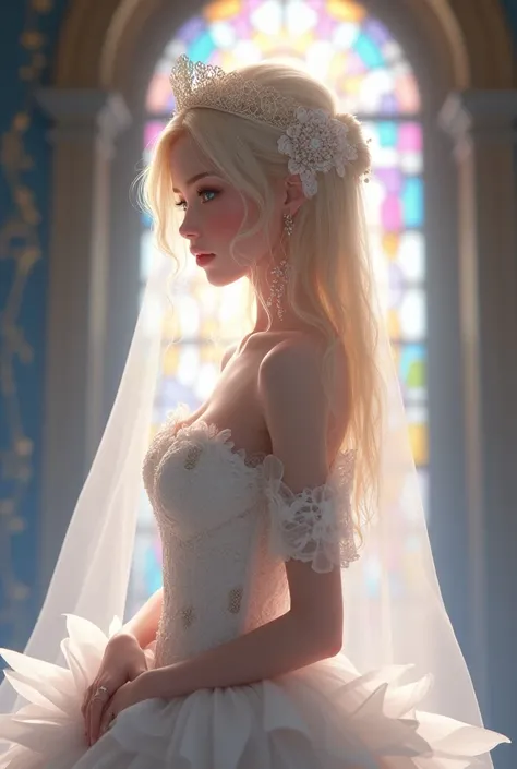 RubyRed, (ZoomedOut:1.28) ZoomLayer, TopQuality 8K masterpiece of ((Professional photo)), (((Lady Clarisse de Cagliostro))) (Detailed Delicate White WeddingDresses), Chain, Extremely detailed (KAWAII face) {(VeiledFace)|BlondeHair|Detailed Spanking BuleEye...