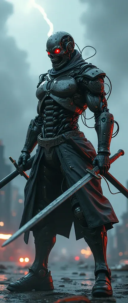 The future of 2050、 the warrior that combines samurai and terminator is in a fighting pose、Holding 2 swords 、 the face is a metal skull 、Eyes glow red、 Helmets and armor contain cyber elements while leaving a relatively small amount of material、Body with e...