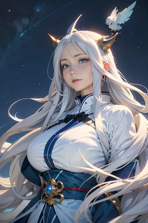  anime girl with long white hair and a blue dress in the snow,   White Haired God  , Flying White Hair ,  anime fantasy illustration,  new devils horn ,  Beautiful Young Wind Fairy,  beautiful fantasy animation ,  Radiant flowing hair , Ethereal Animation,...