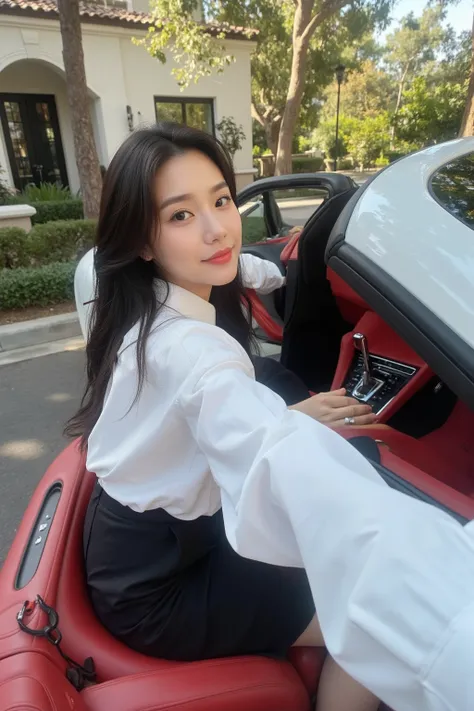 A 36-year-old female CEO takes a first-view selfie while sitting in the drivers seat of a white convertible Porsche 718 in front of a luxury villa in Los Angeles。Red interior 。I saw a red steering wheel 。Oriental woman with round face, full chest, long bla...