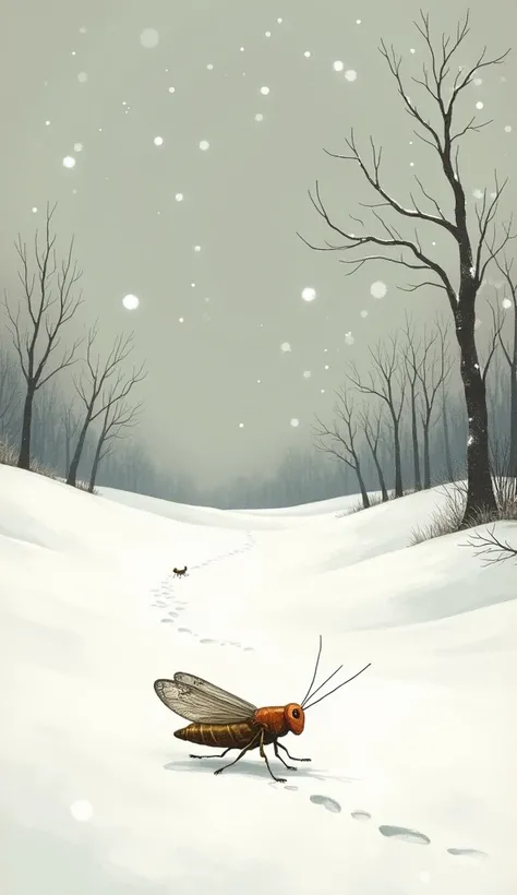 " Cigarra walking with hope through the snow, Looking for the house of the ant , winter scene,  illustration style  "
