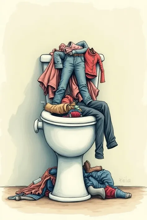 Drawing of a toilet full of clothes 
