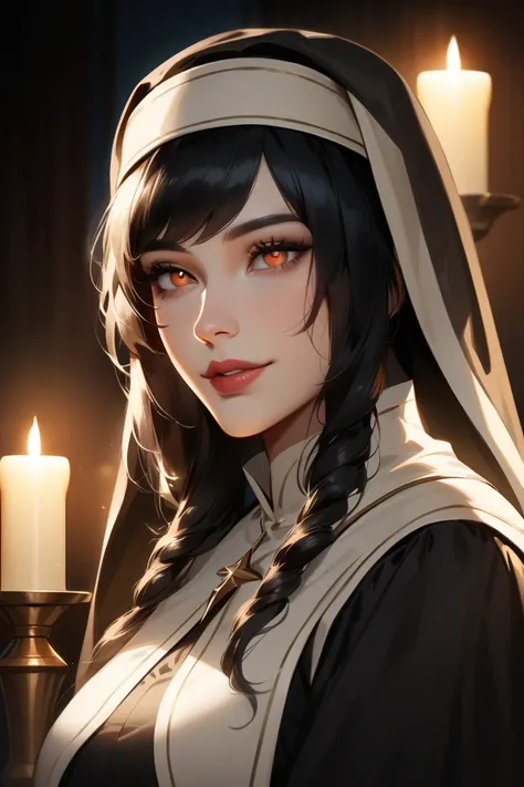 In a semi-realistic anime art style, a Caucasian medieval woman with long black hair, full lips, and amber eyes, is walking into a candlelit room, wearing a nun outfit that shows off sultry curves, she has a mischievous smile, focused mainly on upper body