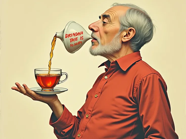  man with short gray hair carrying a cup of tea in his mouth and I want it to appear up to the small red waist pointing to the cup on the side is written in capital letters red: Drink this and Delay Old Age  