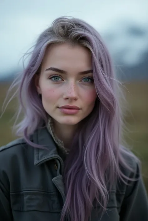 face:  Bet on soft and captivating features ,  clear eyes,  preferably shades of blue or green ,  that recall the nature of Icelandic landscapes /Irish . 
 Slightly pale skin or with subtle freckles .
Hair: lilac, long and slightly wavy texture ,  for a my...