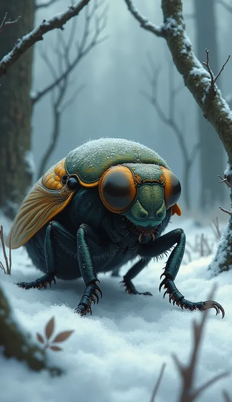  " Close-up of a cicada realizing its mistake,  with a thoughtful and sad expression ,  surrounded by a winter landscape , illustrated for a story  "

