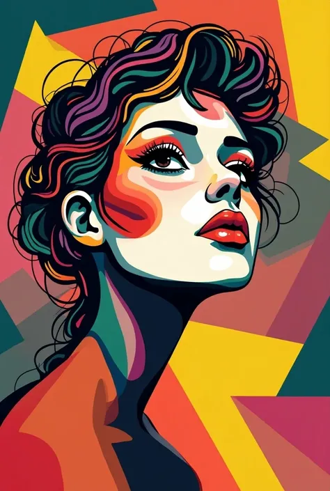 A very simple face design, very colorful woman profile surrounded by geometric shapes., des cheveux originaux et remplis de couleurs 