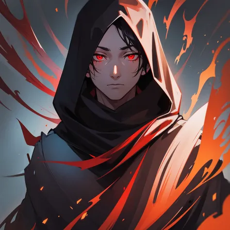 A humanoid being ,man, With a face of black fog,  with four red eyes . wearing a hooded cape