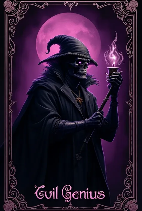  Create an image of a ,  card that has stylish edges ,  inspired by Tarot cards ,  and represents the Evil Genius .  Dont build a feature , a carta deve ter ou uma sinueta ou outra coisa não humana que represente o  Evil Genius , And your name -  " Evil Ge...