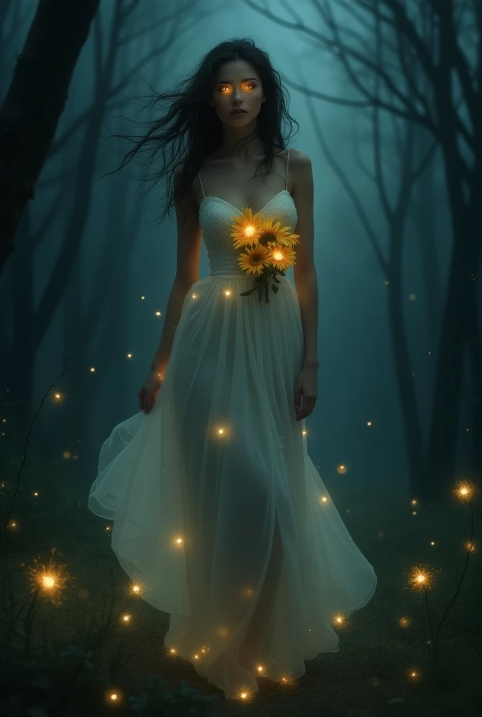 A woman whose eyes guide through the dark in a sunflower dress 