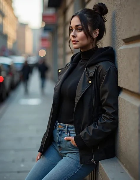 Super real photo, Long shot,  woman 44 year old, ( long dark hair ) Hair bun, moderately curvy figure, ( refrigerator of short stature),  woman , leaning on a wall on a city street, in a turtleneck and jacket,  in jeans and a black hoodie ,  dressed in a d...