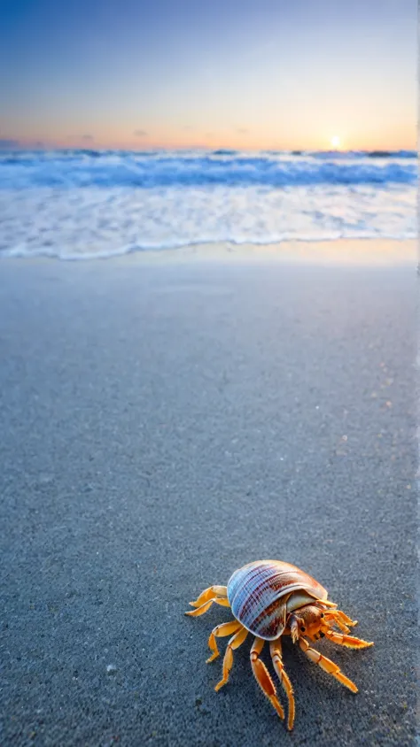 sea,horizontal line, sunrise,Asahi,Winter Morning, sandy beach,Hermit crab