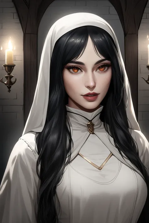 In a semi-realistic anime art style, a Caucasian medieval woman with long black hair, full lips, and amber eyes, is walking into a candlelit room, wearing a nun outfit that shows off sultry curves, she has a mischievous smile, focused mainly on upper body