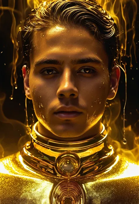 a 22 year old man in a trance, glowing golden eyes, thick gold smoke, dripping liquid metallic gold, glowing liquid metallic golden collar, MIDAS ENTERPRISES INDUCTION BEGINS HERE, high quality, 8k, photorealistic, fantasy, sci-fi, dramatic lighting, vibra...