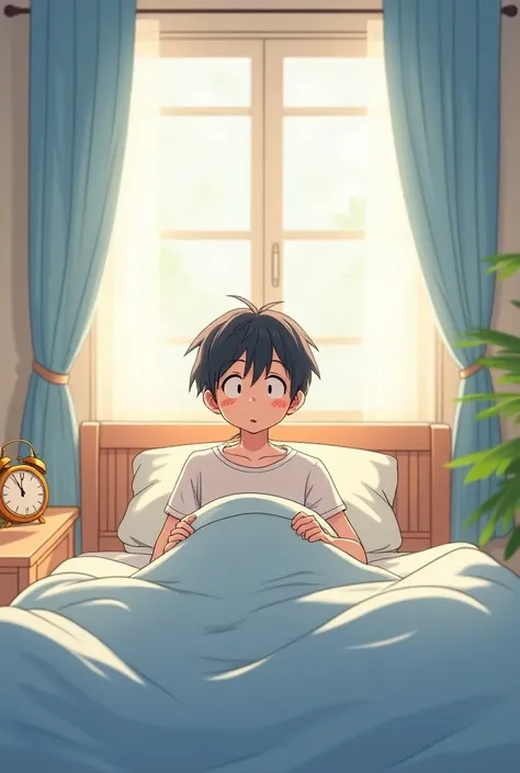  Create it for me a  getting out of bed and in his time it will be 6:10 in anime 