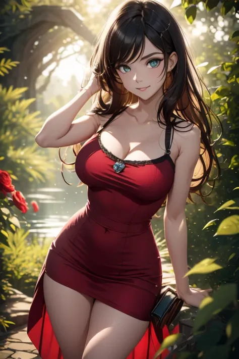 Black haired girl, short.  With a discreet smile ,  her eyes are clear . Your white skin.  Tattoo of a rose on her left leg .  She is wearing a red dress with a neckline that highlights the curves of her body,  Her breasts are medium . She is in a garden, ...