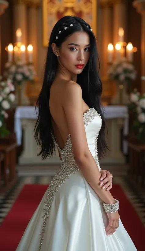  young beautiful girl , european type ,  black long straight hair ,  bright gray shining eyes ,  fiery red full lips ,  naturally made up , small solid breasts ,  tanned skin ,  slim figure ,  large solid round ass ,  dressed in sexy white shorts Wedding d...