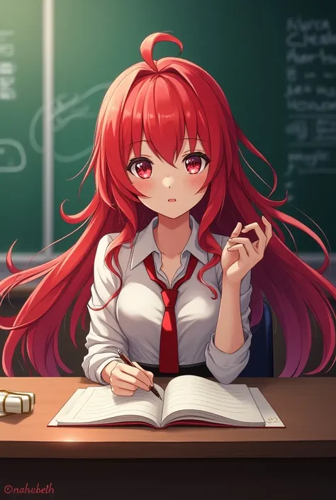 Wallpaper that says Nahisbeth in a classroom with a teacher explaining very pretty red hair color anime type very creative   