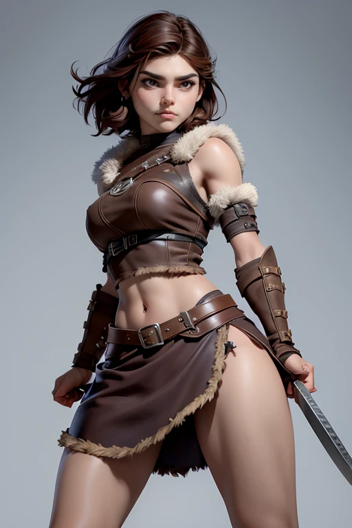  Young Viking woman , warrior, short brown hair, thick eyebrows, brown eyes, brown leather armor,  strappy leather top , fur skirt, fierce expression, heroic stance, Looking at the camera, fierce expression,  masterpiece , super detail,  lyrics,  compositi...