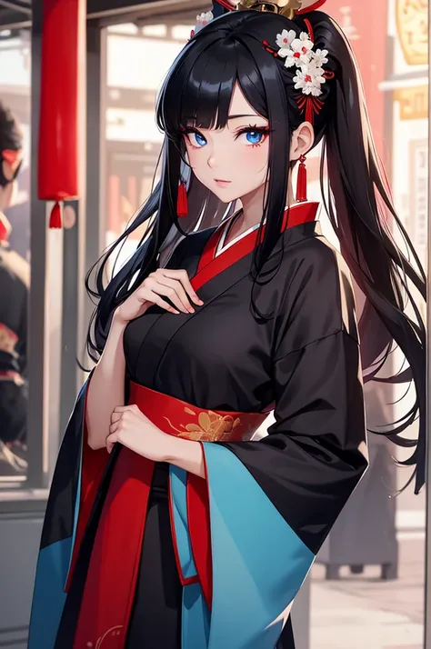 Chinese geisha with black hair in red dress and blue eyes